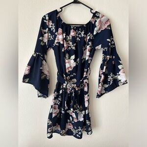 Navy Blue Floral Knee Length Long Sleeve Dress Size L